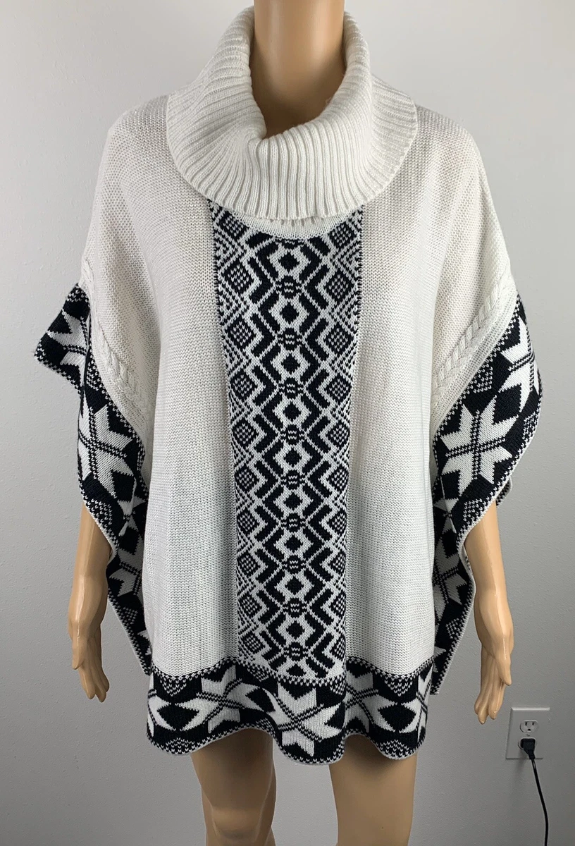 New Black Rivet Women s Poncho Cape Black White Snowflake Size S M
