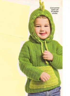 DINOSAUR HOODIE SWEATER 3 CHILD SIZES CROCHET PATTERN INSTRUCTIONS