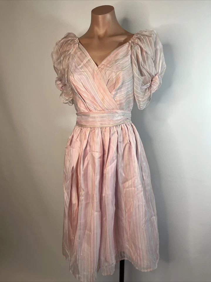 Vintage 80s Baby Pink Striped Dress Puff Sleeves Belted Prom Gown sz S/M - Image 3 of 4