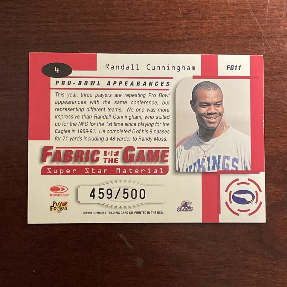 Randall Cunningham 1999 Leaf Certified Fabric of the Game Card #FG11 459/500 SP - Image 3 of 4