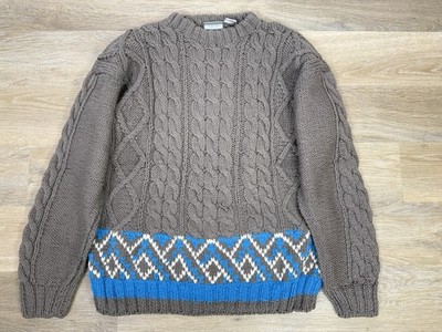 Vtg Cable Knit Pullover Fisherman Sweater Large Gray Wool Ski Geometric Nordic