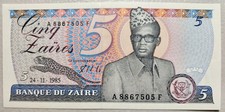 Zaire 5 Zaires 1985 Unc, Printer HdMZ