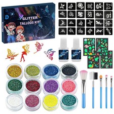 12 Color Temporary Glitter Tattoo Kit with 24 Stencils 4 Luminous Tattoo Sticker