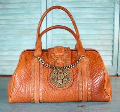 Botkier Boho Leather Cognac Brown Satchel Handbag Brass Studs Turn Lock