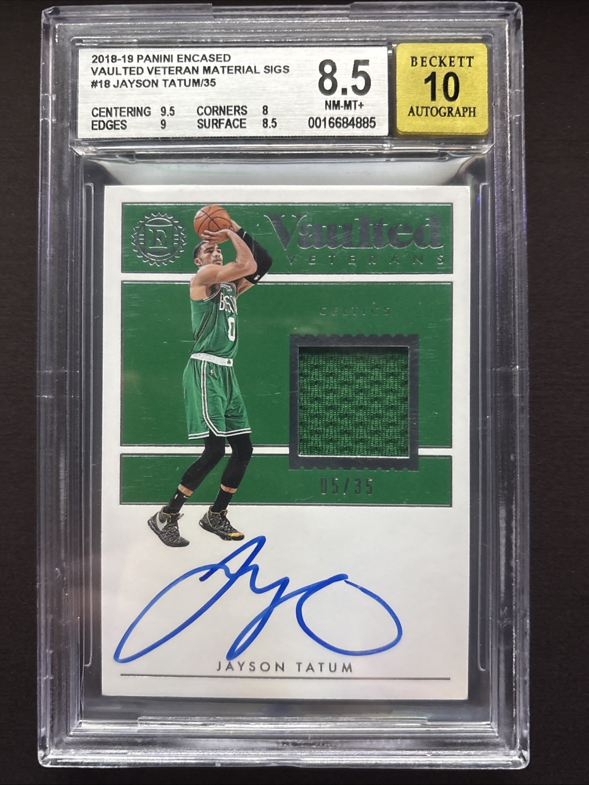 2018-19 Encased - Vaulted Veterans Jersey Patch Auto /35 Jayson Tatum BGS 8.5 view 1
