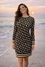 Michael Kors Dress S Small Black Yellow White Long Sleeve Stretch Washable NEW
