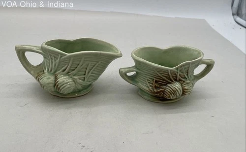 Vintage McCoy Pottery Creamer & Sugar Bowl Set Green Leaf & Nut Pattern USA