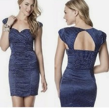 Guess blue and white polka dot lined stretch cap sleeve dress womens size 6