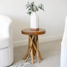 Teak Wood Stick Leg End Table, 16" L x 16" W x 20" H Rustic Side Table, Small...
