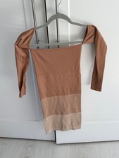 Pretty Little Thing Mauve Tan Ribbed Striped Bodycon Dress Off the Shoulder XS