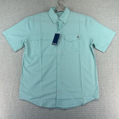 Huk Shirt Mens Medium Green Tide Point Short Sleeve Fishing Vented Performance