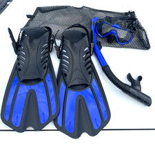 Snorkeling Gear for Kids Adults, 4 in 1 Travel Mask Fins Snorkel Set Blue Size M