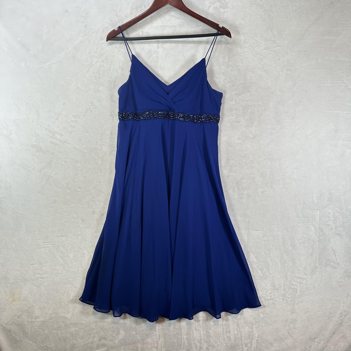 eva blue vintage dress Womens 10 Blue Beaded Empire Waist Chiffon Fit Flare Y2K lace overlay adds dimension Size:XS - $185.00 Evening gown BestCorset Dewdrop | Black &