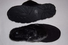 Womens Slippers BLACK Mock Leather OPEN BACK Faux Fur Trim RUBBER SOLE 6