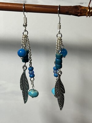 Turquoise beads Silver Feather Earrings - Drop Earrings with Chain - Handcraft
