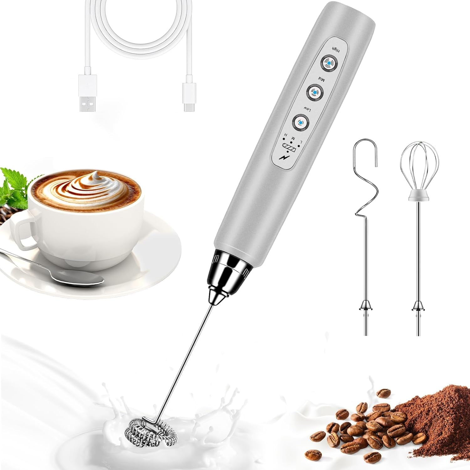 Milk Frother Handheld for Coffee, Electric Whisk 3 Speed Adjustable, Drink Mixer-image