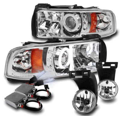 FOR 94-01 RAM CCFL HALO LED CHROME PROJECTOR HEADLIGHT W/BUMPER FOG+50W 8K HID