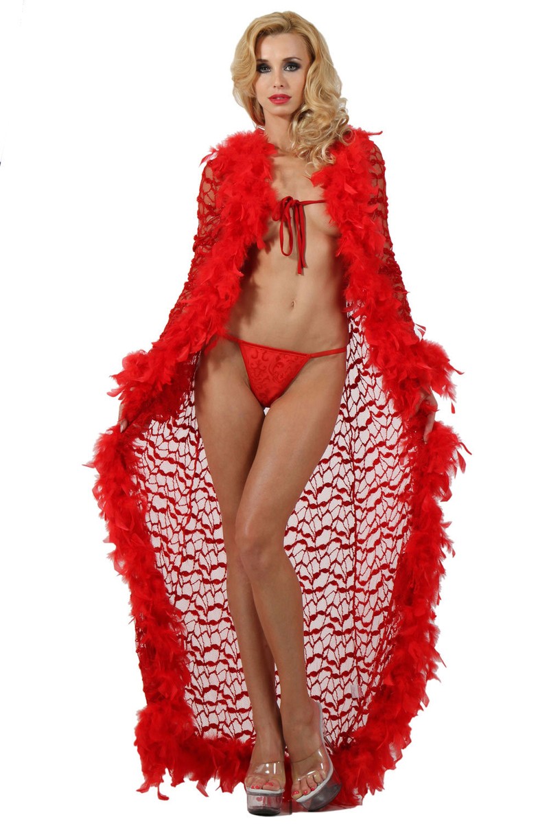 Déshabillé Vestaglia Vestito da Camera Burlesco Pinup Rosso Piume