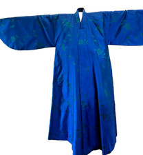 Vintage Silk Kimono Robe Brocade Blue/Green Floral Exterior Red Brocade Lined