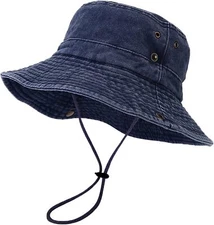 Unisex Cotton Boonie Hat Summer Outdoor Packable One Size, Retro Dark Blue 