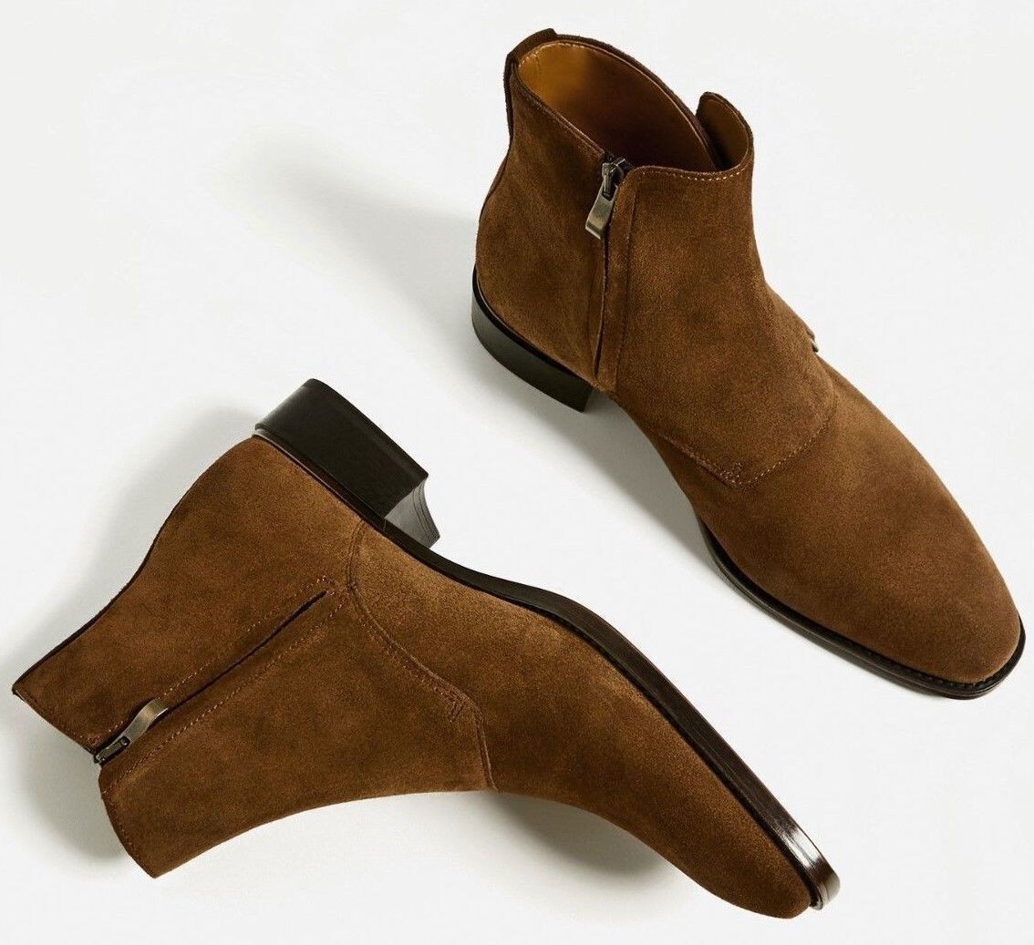 Suede Leather Boots, Men Brown Three Buckle Fashion Ankle High Boot