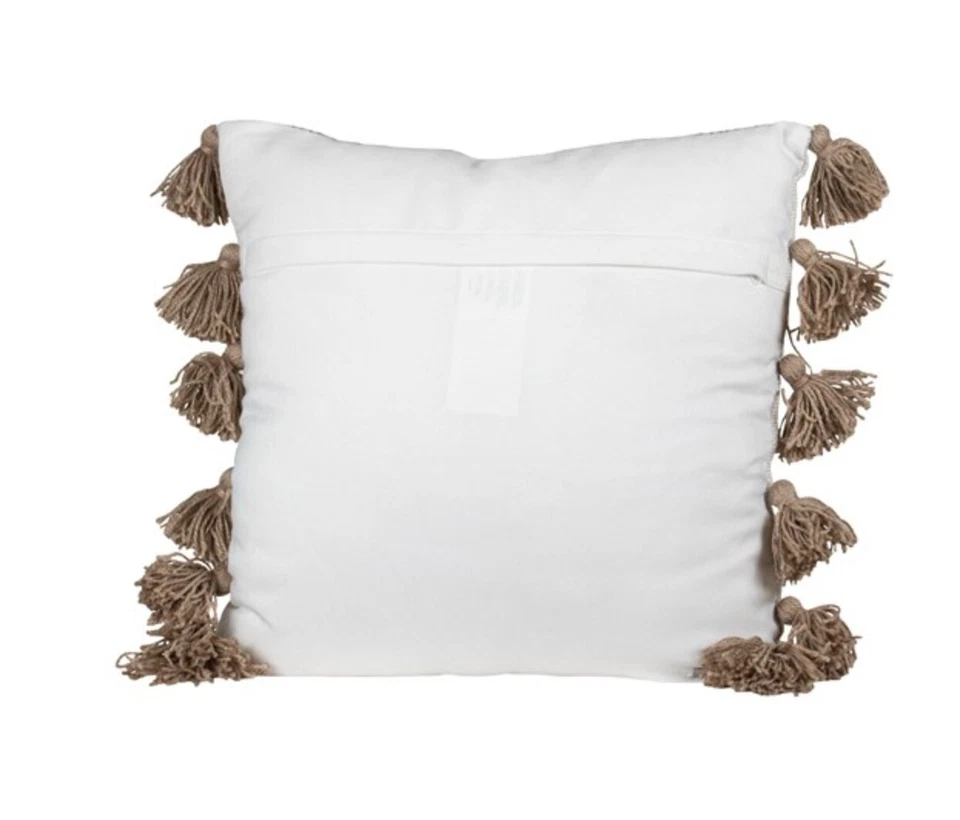NEW! Hand Woven Pillow Taupe & White, Tassels, Ticking Stripes 18" Square - Image 3 of 4