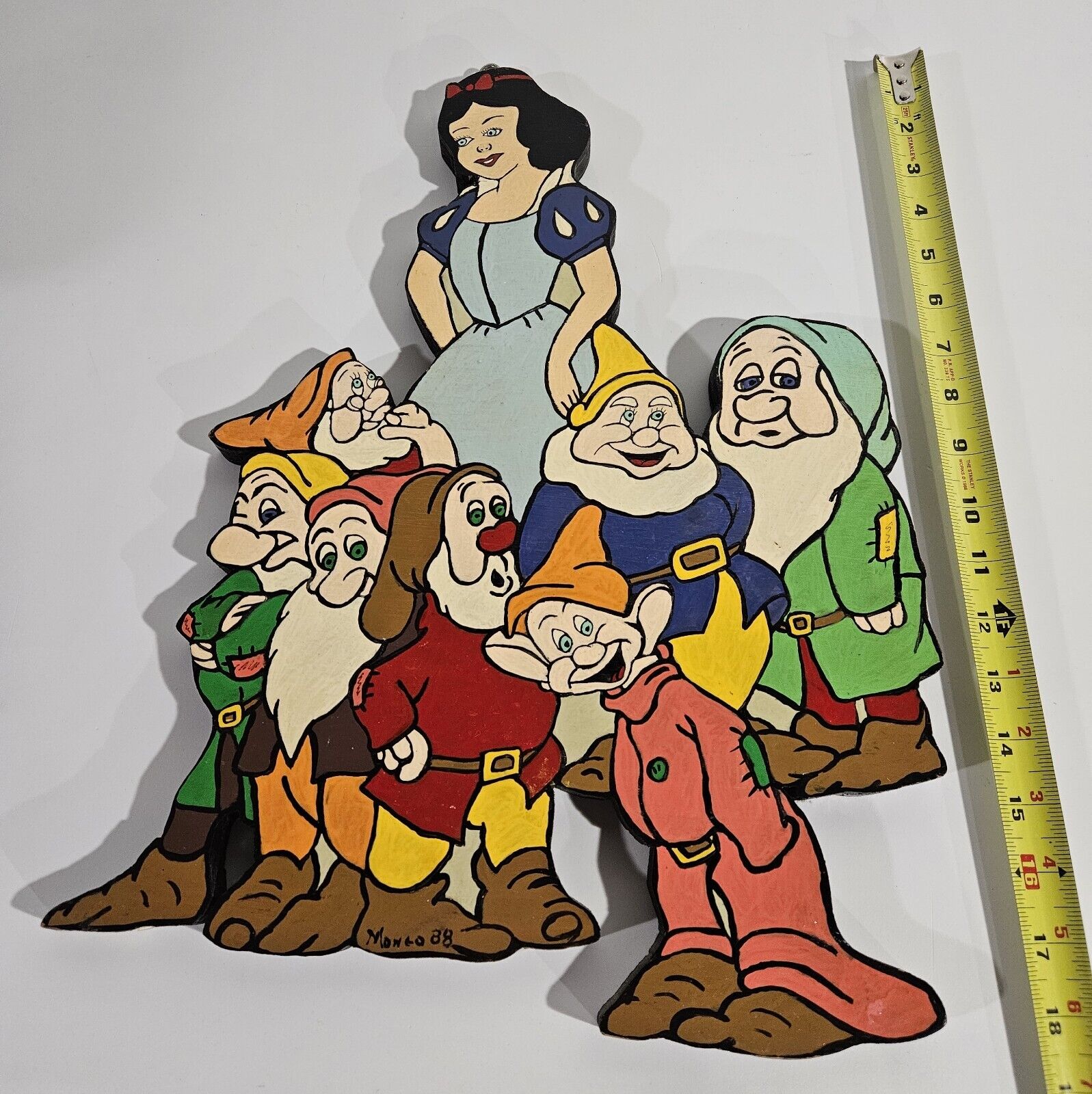 Snow White 7 Dwarves Hand Made Painted Wooden Wall Hanger Vintage 1988 Folk Art
