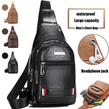 Men Leather Sling Bag Chest Shoulder Crossbody Backpack USB Charging Port Travel