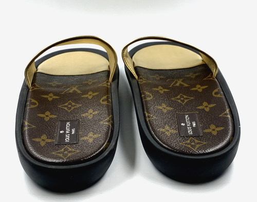 LOUIS VUITTON Monogram Mules Gold Logo Sunbath Flat Slides 41 11 MA0157 NEW - Picture 4 of 11