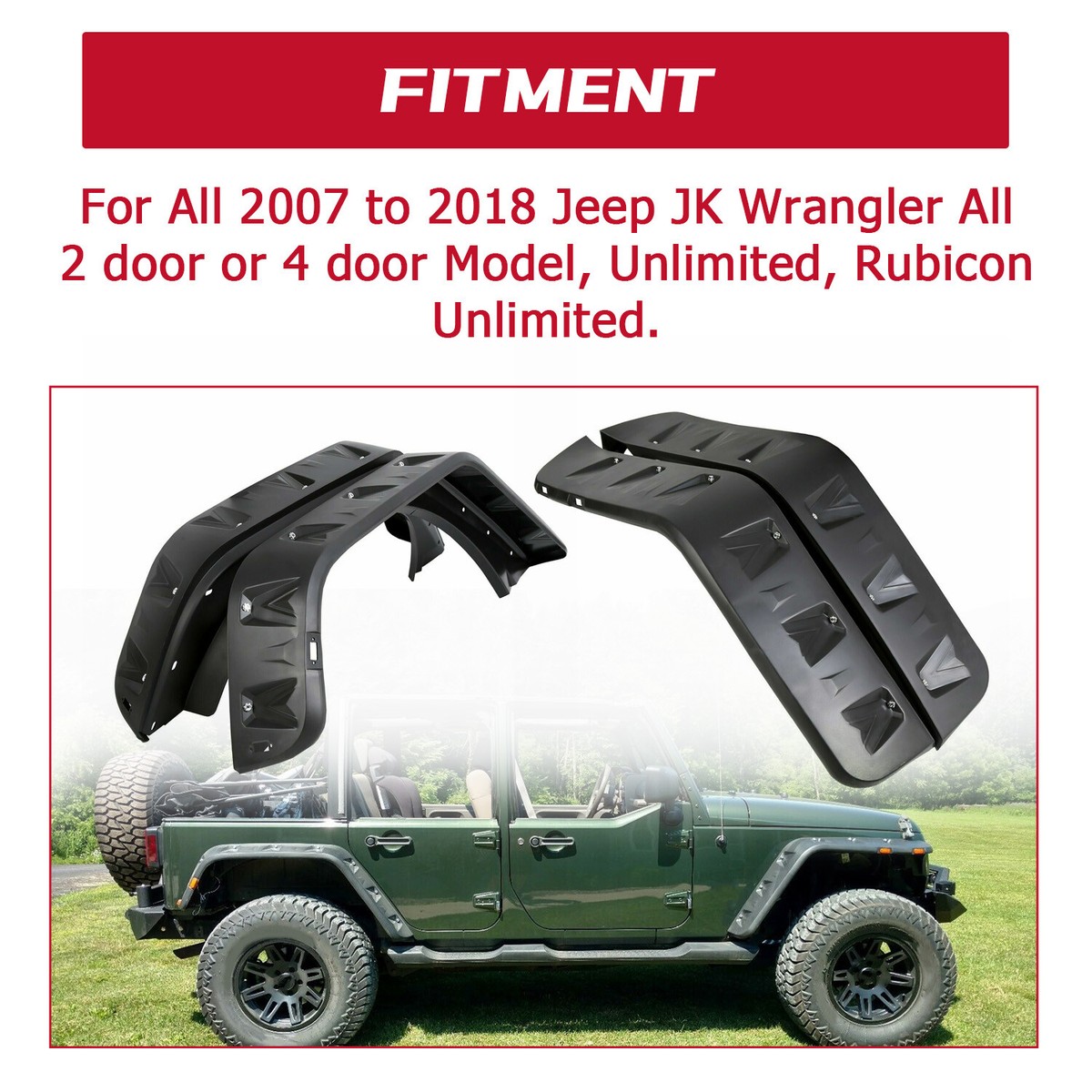 「191」07-18ラングラーJK用ポケット/リベットスタイルフェンダーフレア For 07-18 Jeep Wrangler JK Pocket Rivet Style Smooth Fender Flares