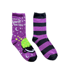 2 Pair Halloween crew socks purple / black striped spell on you Shoe Size 4 to 1