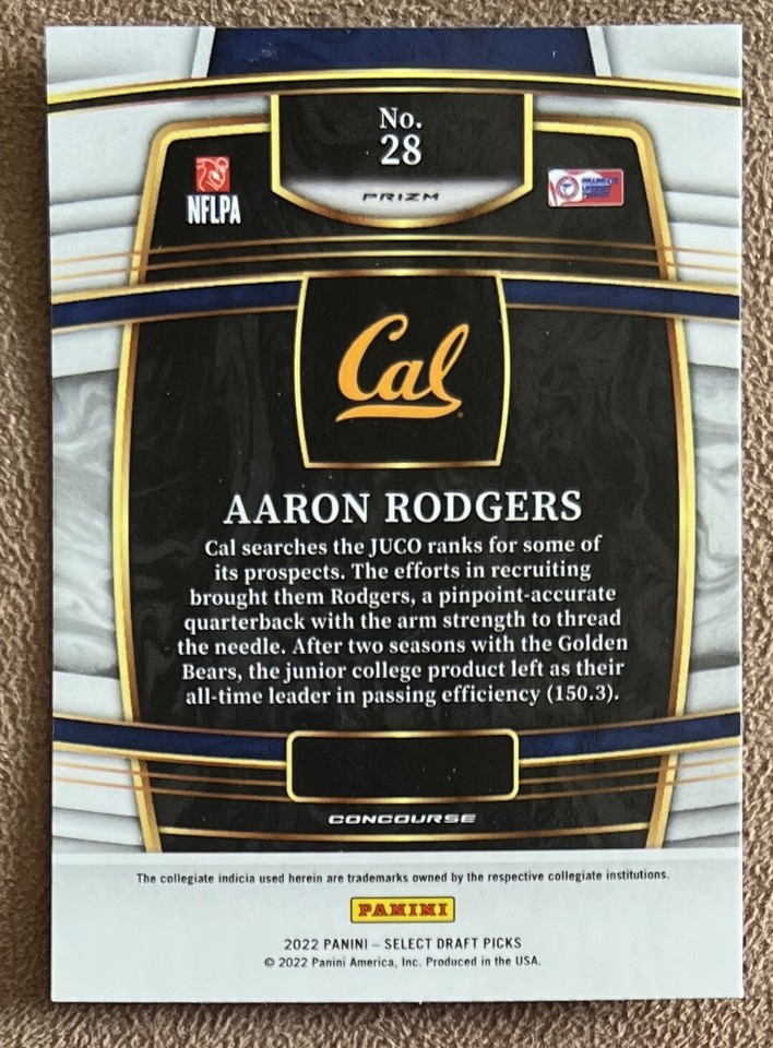 Aaron Rodgers 2022 Panini Select Draft Picks Gold Lazer #28 Parallel ...