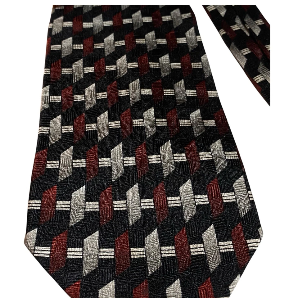 Giorgio Moreschi 真丝领带手工制作意大利黑色红色几何图案 4 英寸宽行政 — 第 2/4 张图片