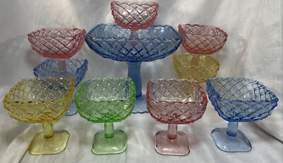 MCM L.E. Smith Trellis Glass Footed Sherbet Dessert Dishes Compote 10pc Vintage