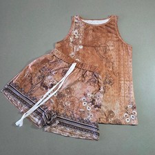 Floral Print 2 Piece Lounge Set Tank Top and Shorts Earth Tones Size Small