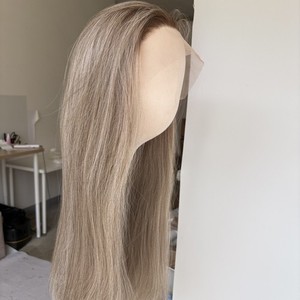 Mix Grey Long Straight Soft Heat Resistant Hair Glue Less Lace Front Wig