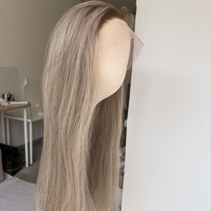 Mix Grey Long Straight Soft Heat Resistant Hair Glue Less Lace Front Wig