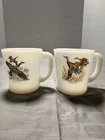 Set of 2 Vintage FIRE KING Glass Ruffled Grouse Wildlife Coffee Mugs Cups USA