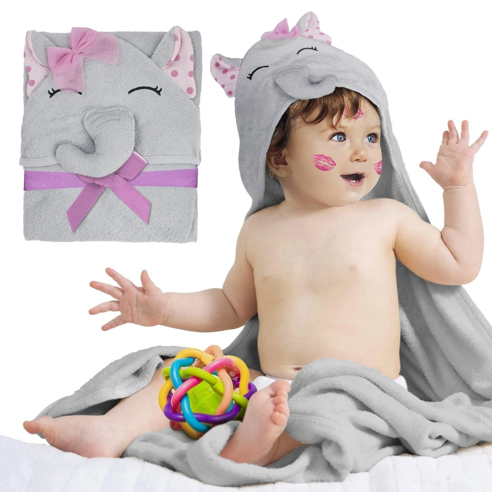 Pink Elephant Hooded Baby Towel Terry Cotton Absorbent 33 x 33 in