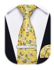 Cotton Floral Tie for Men 2.5" Printed Skinny Necktie Pocket Yellow Floral