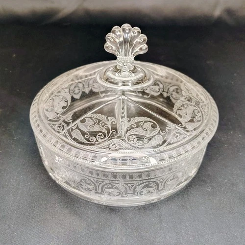 Martinsville Florentine Candy Dish and Lid Divided 3 Part Depression Glass