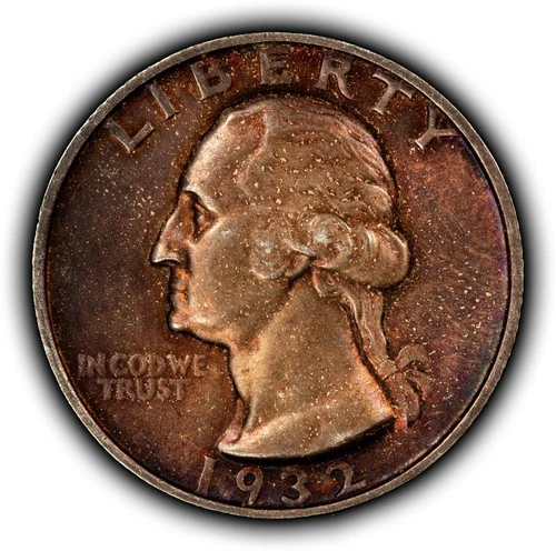 1932 25c Silver Washington Quarter - Violet Rainbow Toning - AU - SKU-Z6449