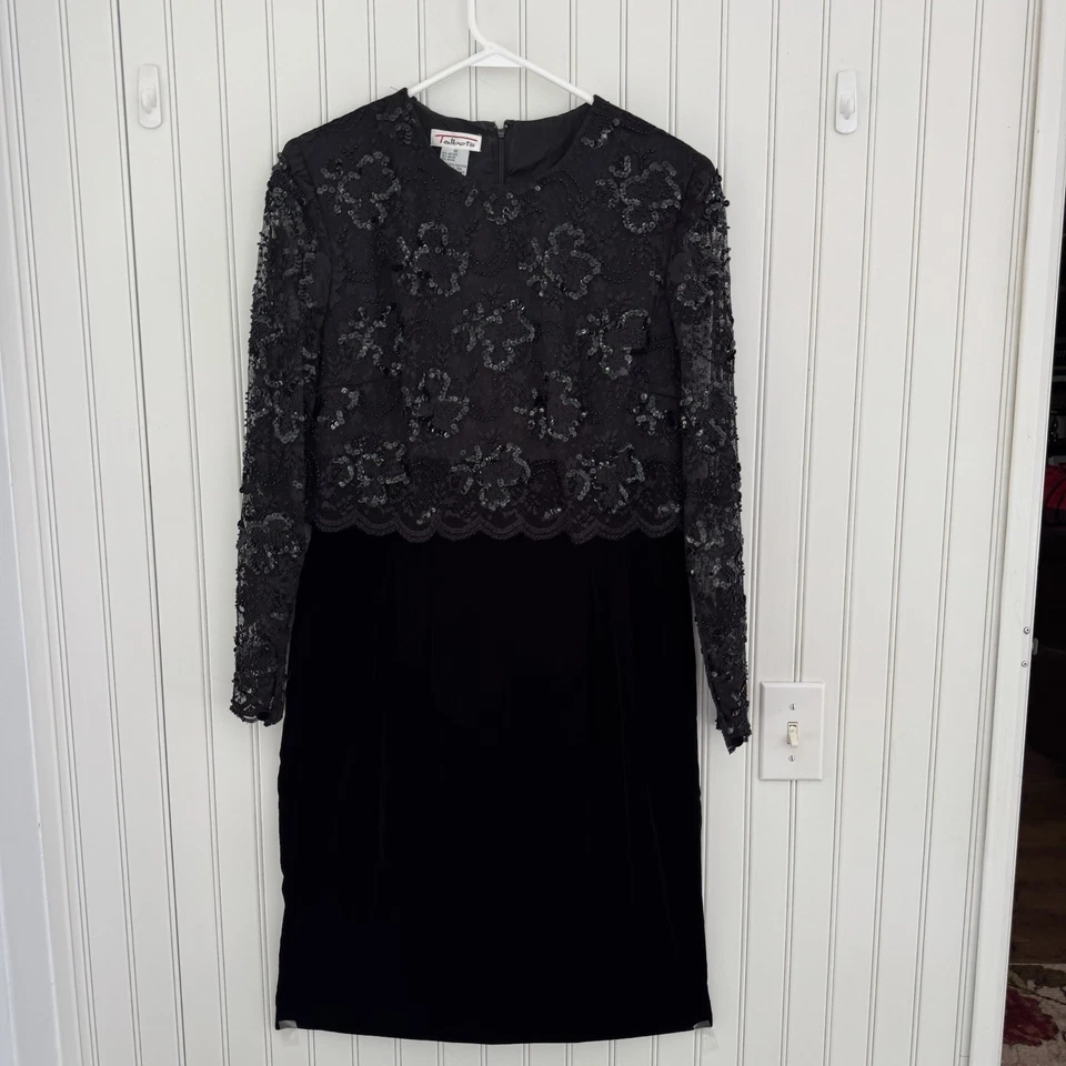 Vintage Talbots 10 Black Velvet Cocktail Dress Sheer Lace Beads Sequins Evening - Image 2 of 4