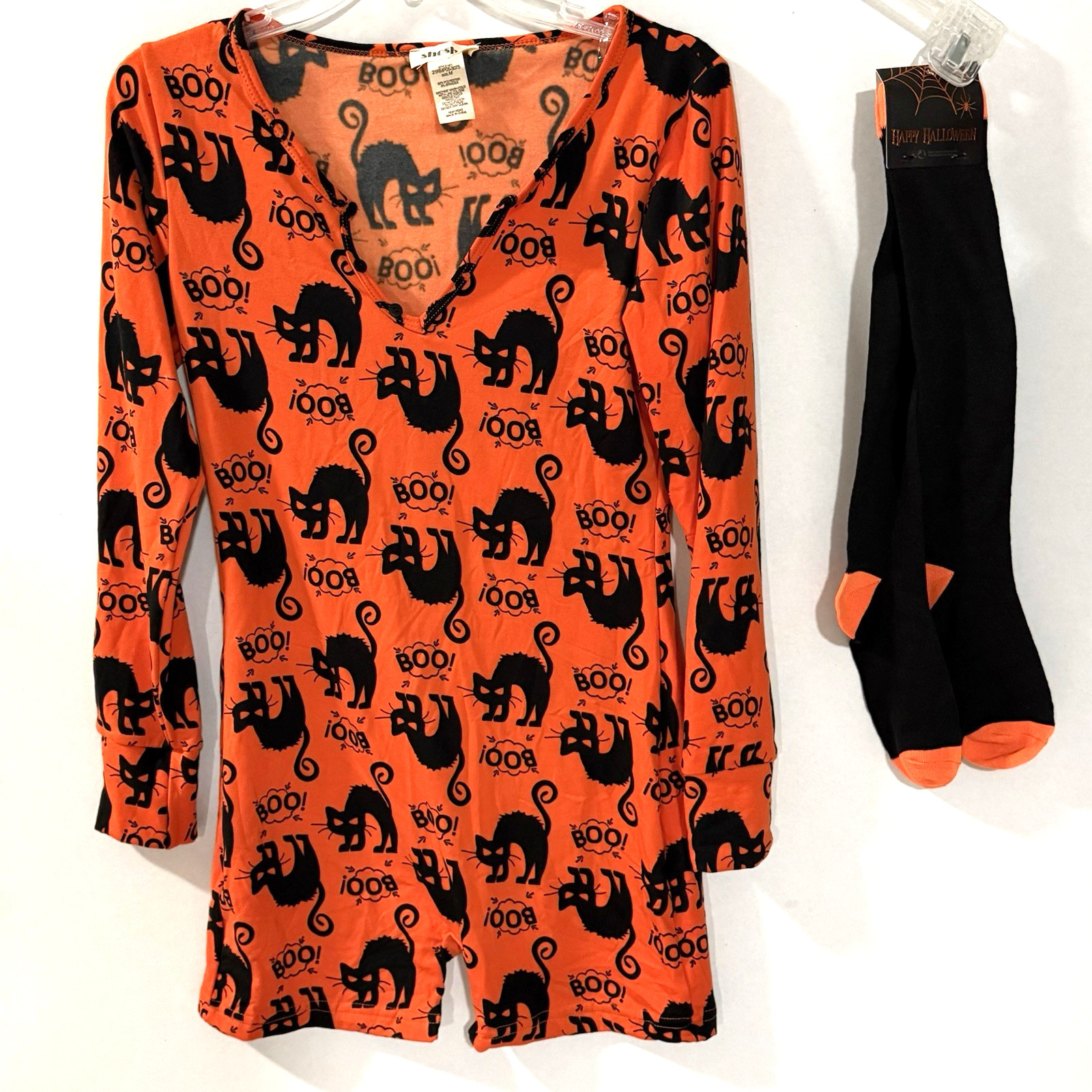 Shosho Romper Shorts & Socks Set Womens Medium Black Cat Boo Orange Halloween