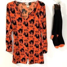 Shosho Romper Shorts & Socks Set Womens Medium Black Cat Boo Orange Halloween
