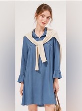 FREE PEOPLE Dress Shift Blue Boho Jersey Knit Henley Pin Tucked Medium