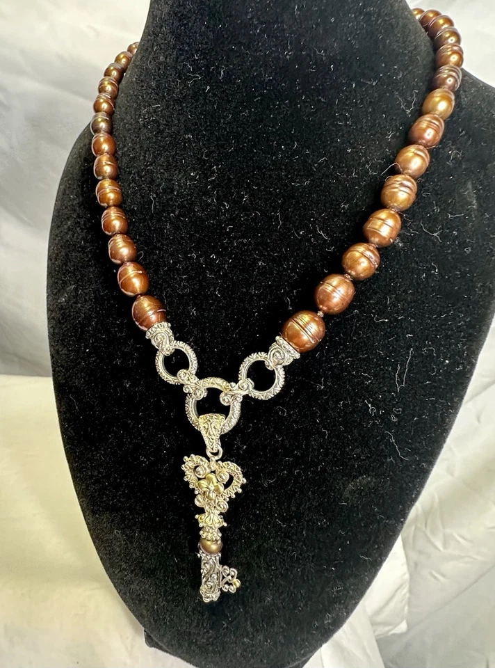 BARBARA BIXBY 纯银 18k 金铜色珍珠钥匙吊坠项链 — 第 4/4 张图片