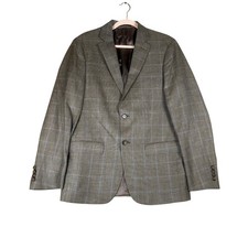 Lauren Ralph Lauren Mens 38R Brown Blue Windowpane Wool Silk Linen Blazer Jacket