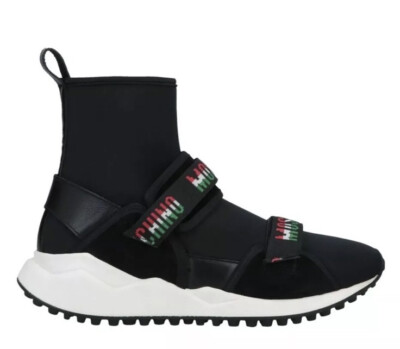 £750 Moschino Couture Black Leather Neoprene Sock Trainers