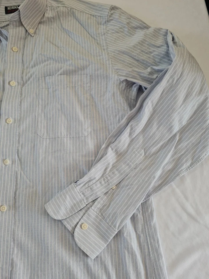 Mens Shirt Kirkland Size 15.5in Blue Stripe Long Sleeve Pocket 11833 - Image 3 of 4